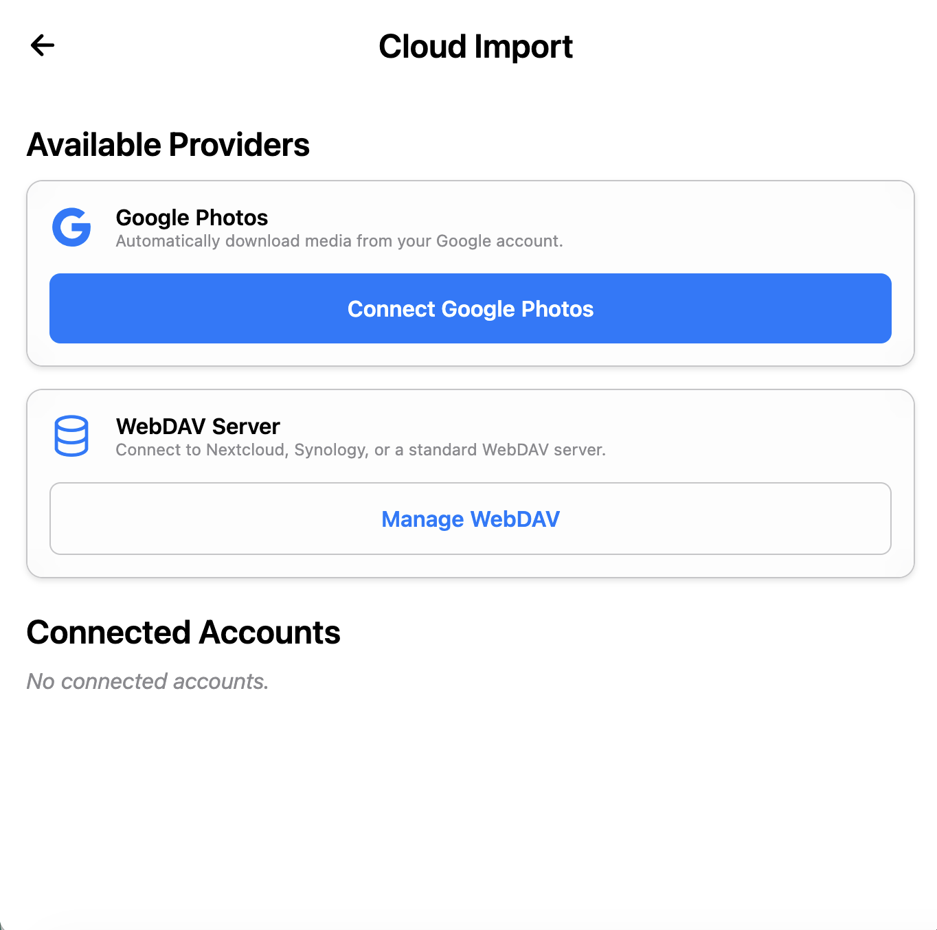 Cloud Import from Google Photos and WebDAV